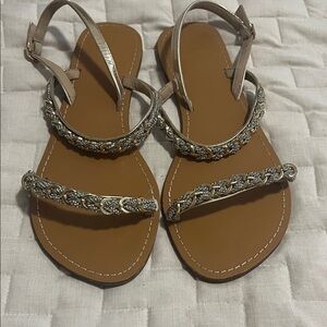 Beaded Metallic Beige Women's Sandals - Elegant Braided Straps